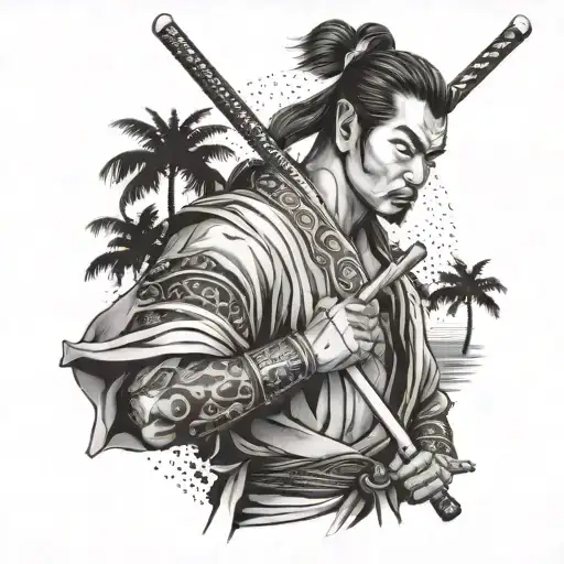 A samurai holding a billiard cue with beach palm trees in the background tattoo design idea