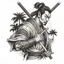 A samurai holding a billiard cue with beach palm trees in the background tattoo design idea