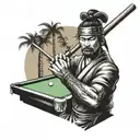 A samurai holding a billiard cue with beach palm trees in the background tattoo design idea