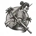 A samurai holding a billiard cue with beach palm trees in the background tattoo design idea