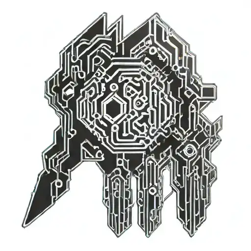 Cybernetic tattoo for the top of the hand, futuristic, mechanical, clean lines, circuit patterns, minimal data streams. tattoo design idea