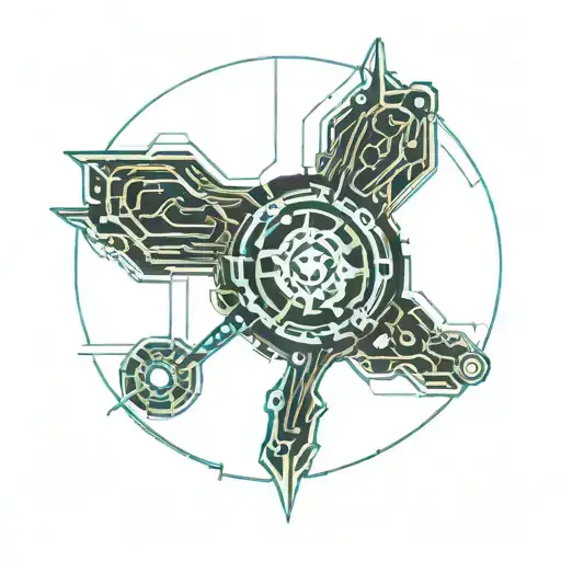 Cybernetic mechanical implant, futuristic, mechanical, clean lines, circuit patterns, minimal data streams. tattoo design idea