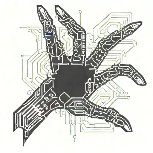 Cybernetic tattoo for the top of the hand, futuristic, mechanical, clean lines, circuit patterns, minimal data streams. tattoo design idea