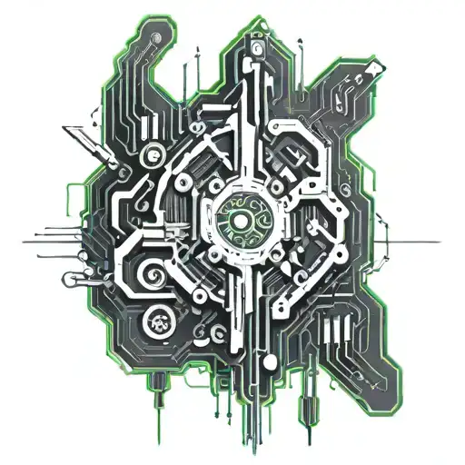 Cybernetic mechanical implant, futuristic, mechanical, clean lines, circuit patterns, minimal data streams. tattoo design idea