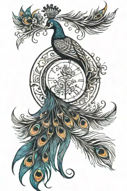 creacent moon intertwined with peacock feathers, crown tattoo design idea