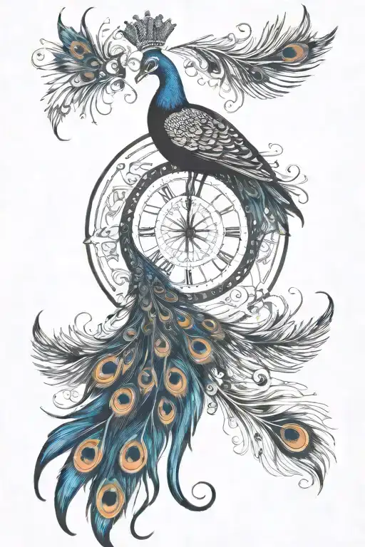 creacent moon intertwined with peacock feathers, royal crown tattoo design idea