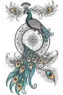 creacent moon intertwined with peacock feathers, royal crown tattoo design idea