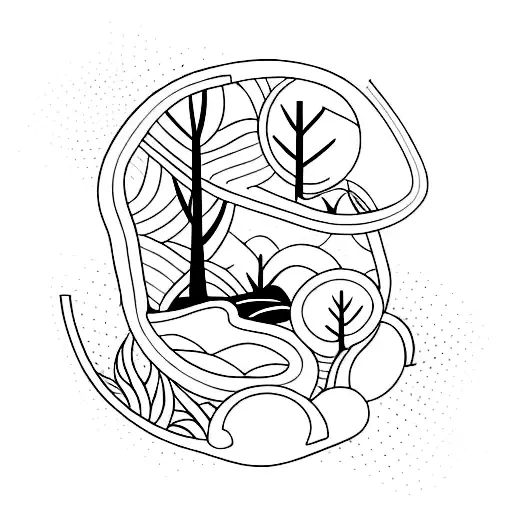 Quiero una plantilla para un tattoo pequeño de estilo lineal en blanco y negro. El tattoo es una paisaje de una playa co tattoo design idea