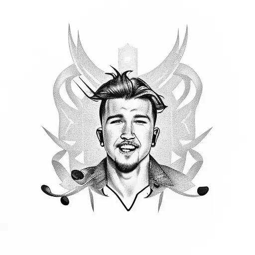 A surreal depiction of Morgan Wallen performing on a stage made of Morgan wallet album covers tattoo design idea