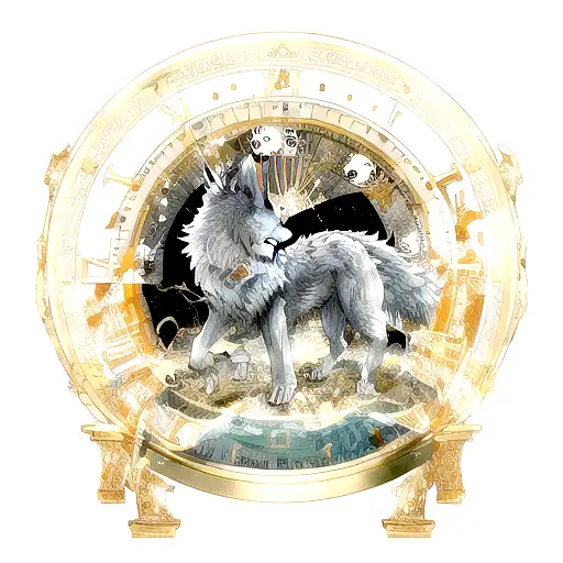 A wolf howling at a full moon made of money, surrounded by clocks representing time, with water flowing in the background symbolizing power tattoo design idea