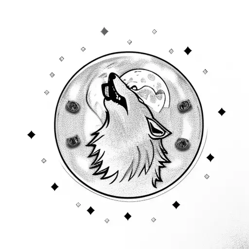 A wolf howling at a full moon made of money, surrounded by clocks representing time, with water flowing in the background symbolizing power tattoo design idea