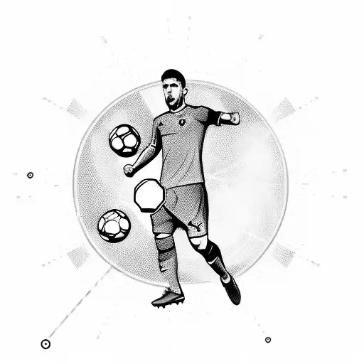 A dynamic composition featuring a soccer player in action, surrounded by iconic landmarks from different countries the client has traveled to tattoo design idea