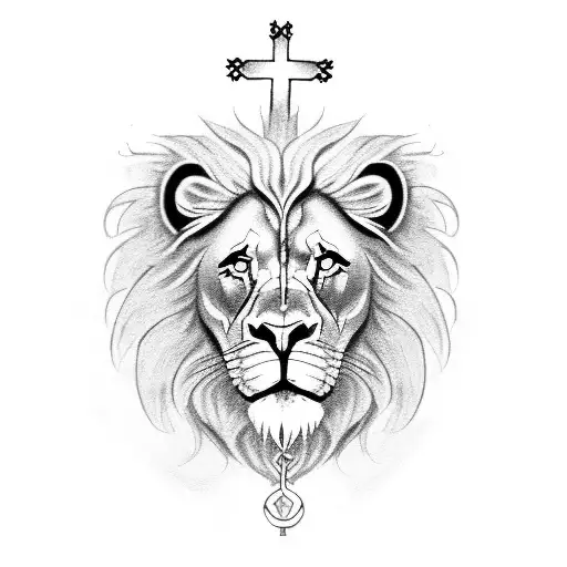full sleeve calm lion head ,Jesus holding cross on his back ,saint mary with her hands open praying  tattoo design idea