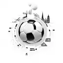 A dynamic composition featuring a soccer player in action, surrounded by iconic landmarks from different countries the client has traveled to tattoo design idea