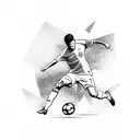 A dynamic composition featuring a soccer player in action, surrounded by iconic landmarks from different countries the client has traveled to tattoo design idea