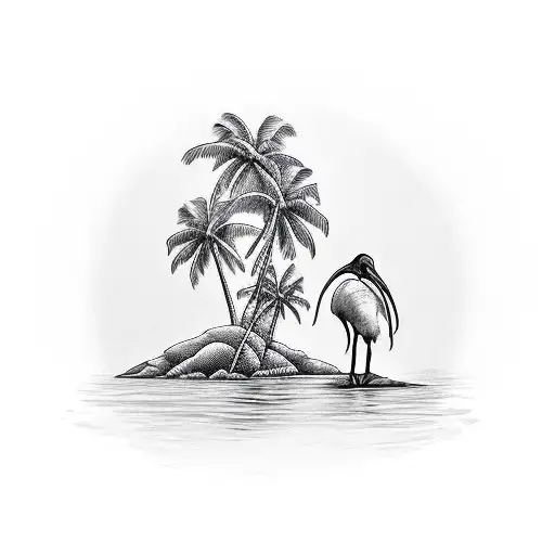 white ibis in front of a palm tree and river tattoo design idea