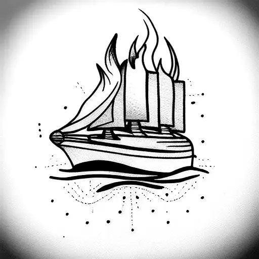 ship on fire tattoo design idea