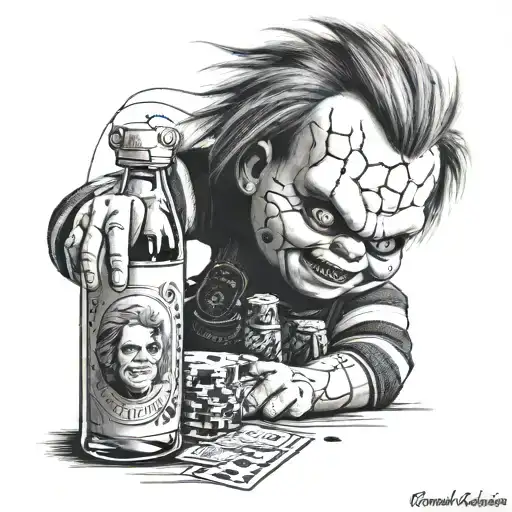 chucky with scars and wanna play poker with a bottle tattoo design idea