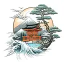 paisaje japones con el monte fuji una pagoda y una puerta torii en el agua tattoo design idea