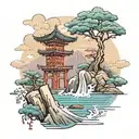 paisaje japones con el monte fuji una pagoda y una puerta torii en el agua tattoo design idea