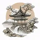 paisaje japones con el monte fuji una pagoda y una puerta torii en el agua tattoo design idea