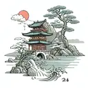 paisaje japones con el monte fuji una pagoda y una puerta torii en el agua tattoo design idea