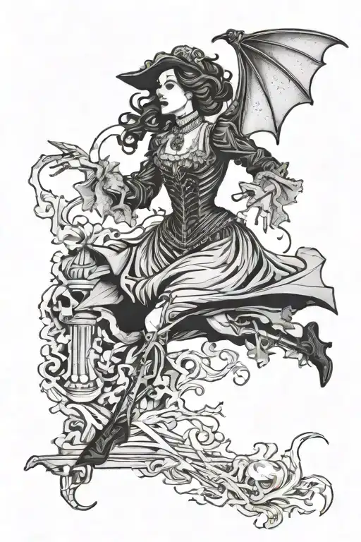 victorian style woman running from skeleton bat tattoo design idea