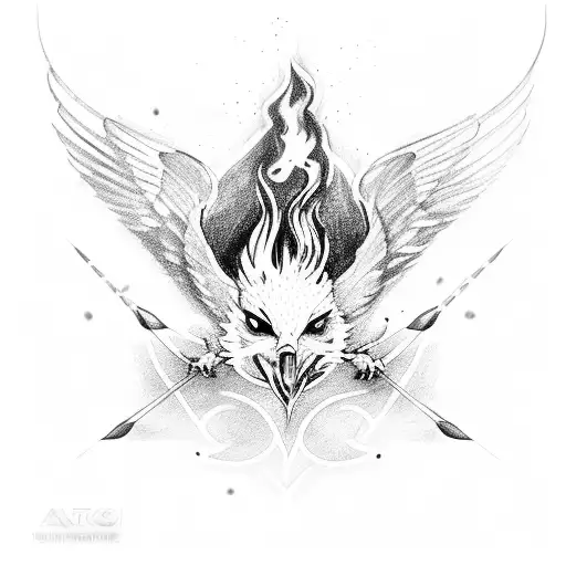fire at the back, arrow and blue mocking jay bird tattoo design idea
