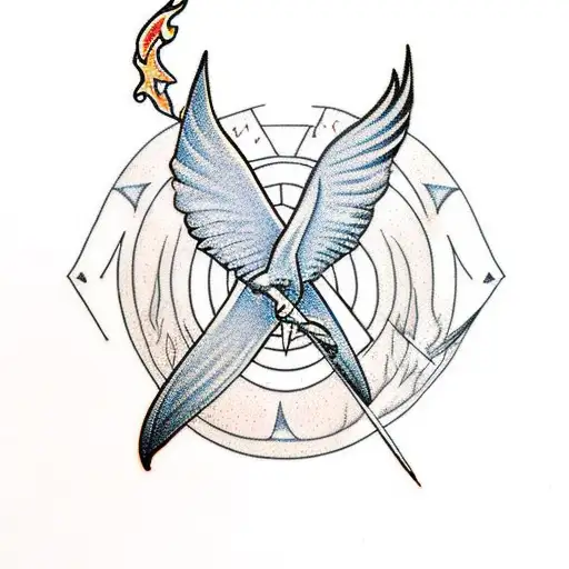 fire burning, arrow of sagittarius and blue mocking jay bird tattoo design idea