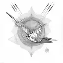 fire burning, arrow of sagittarius and blue mocking jay bird tattoo design idea