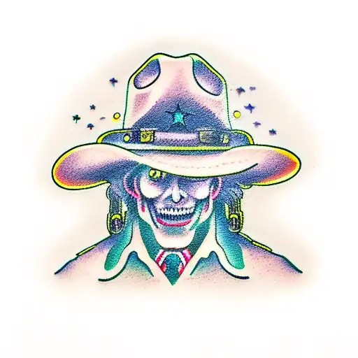 ghost with cowboy hat behind window  tattoo design idea