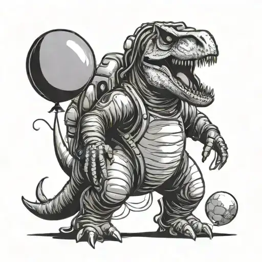 T-Rex in a space suit with a balloon in the hip pulling it up tattoo design idea