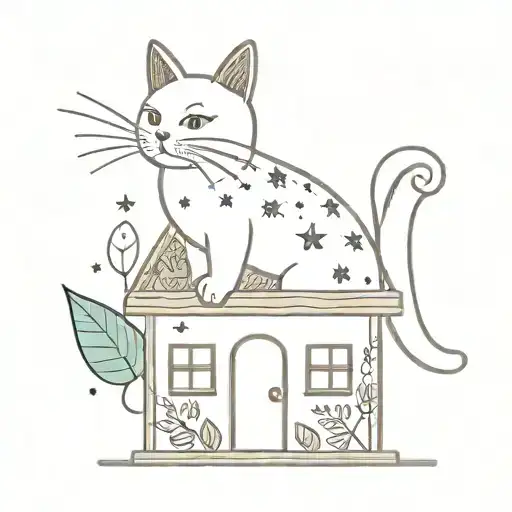 a kazoo with simple stars coming out of it, decorated with a few things: in a folky style - a house, a cat and leaf tattoo design idea