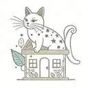 a kazoo with simple stars coming out of it, decorated with a few things: in a folky style - a house, a cat and leaf tattoo design idea