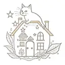 a kazoo with simple stars coming out of it, decorated with a few things: in a folky style - a house, a cat and leaf tattoo design idea