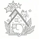 a kazoo with simple stars coming out of it, decorated with a few things: in a folky style - a house, a cat and leaf tattoo design idea