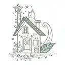 a kazoo with simple stars coming out of it, decorated with a few things: in a folky style - a house, a cat and leaf tattoo design idea