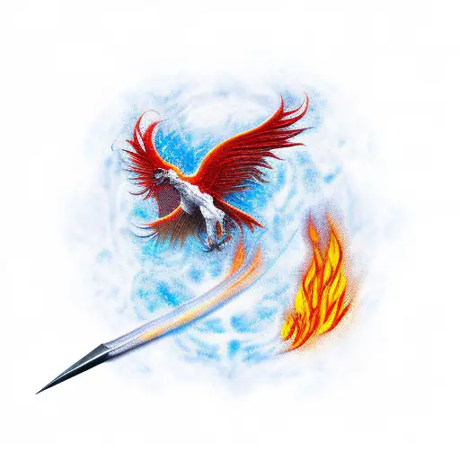 Excalibur runed with fireflame Phoenix mixed on left side tattoo design idea