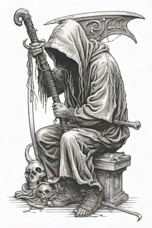 Death, wearing a hood and with his scythe, sitting in the corner watching some children having fun and their parents taking care of them. tattoo design idea