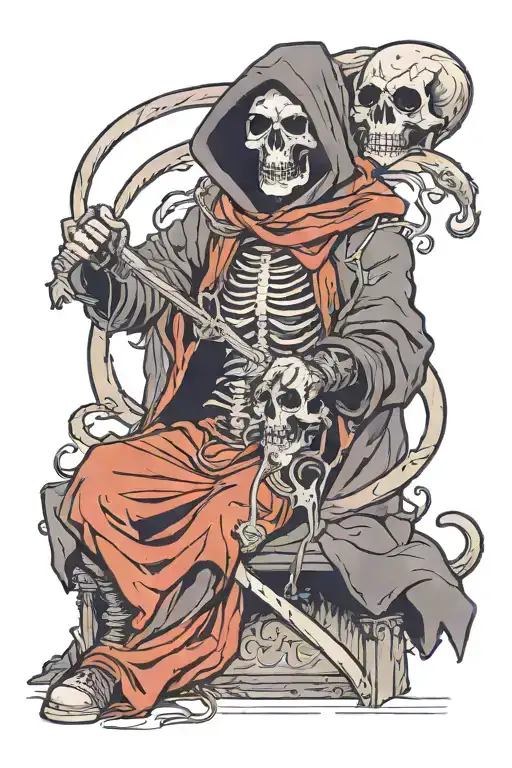 Death, wearing a hood and with his scythe, sitting in the corner watching some children having fun and their parents taking care of them. tattoo design idea