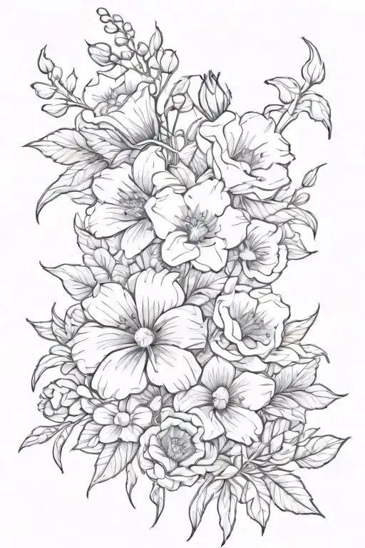 violet flower with daffodils, poppy flowers and morning glory flowers together stacked bouquet  tattoo design idea