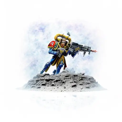 Warhammer 40k imperial guard with ultra Marines on high ground, with leman russ tanks in background  tattoo design idea