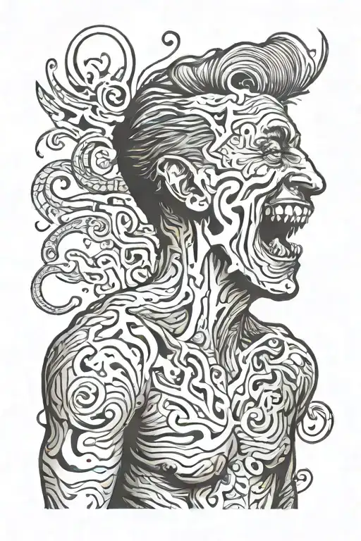 Entire Man Standing with his laughing head falling off on his side  tattoo design idea
