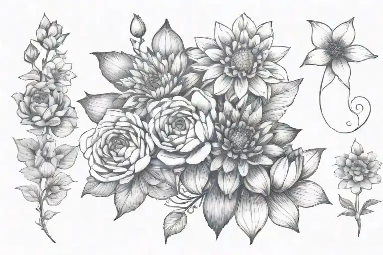 Black and white hip tattoo of 4 different types of flowers chrysanthemum, water Lilly, rose and a cosmo  tattoo design idea