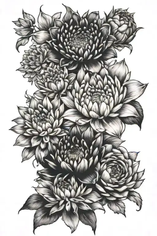 Black and white waste tattoo of 4 flowers which are a chrysanthemum, water Lilly, rose and a cosmo  tattoo design idea
