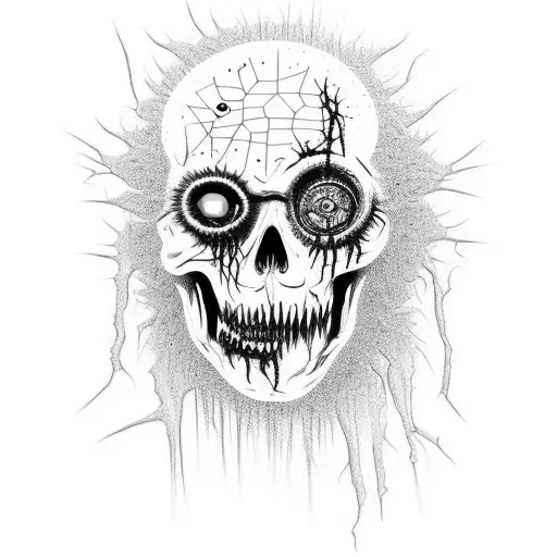 Design a minimalistic zombie with a torn metal band t-shirt, long hair, and a decayed electric guitar. Focus on using cl tattoo design idea