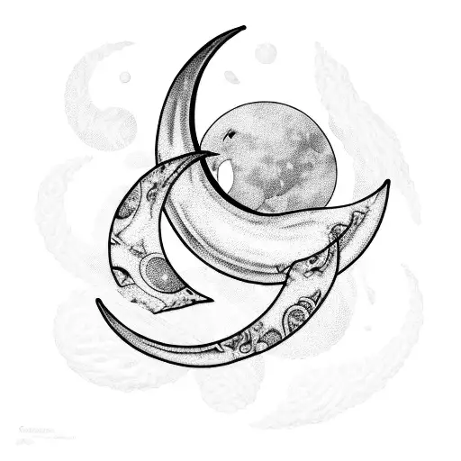 a crescent moon that, at its bosom, enveloped many circula grapes, squished together, and spilling blood or wine tattoo design idea