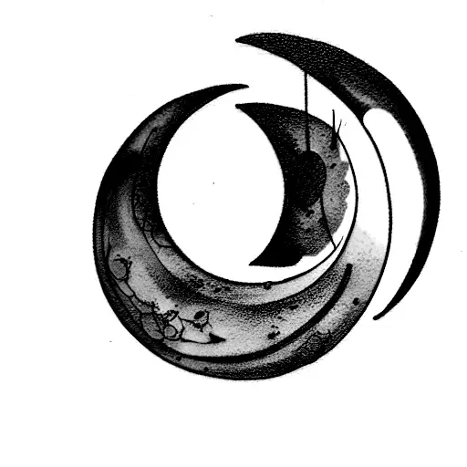 a crescent moon that, at its bosom, enveloped many circula grapes, squished together, and spilling blood or wine tattoo design idea