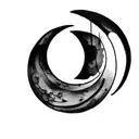 a crescent moon that, at its bosom, enveloped many circula grapes, squished together, and spilling blood or wine tattoo design idea