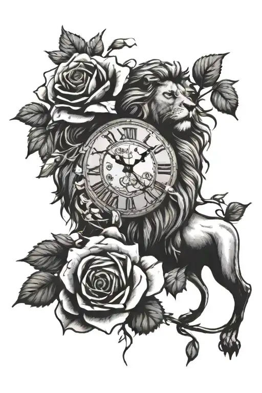 lion roses time clock tattoo design idea